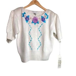 Rebecca Stone VTG White Sweater 3D Floral Ribbon Short Sleeves NWT Large